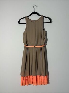 Jessica Simpson Sleeveless Taupe Dress with Coral Ruffle Hem and Belt Size XS